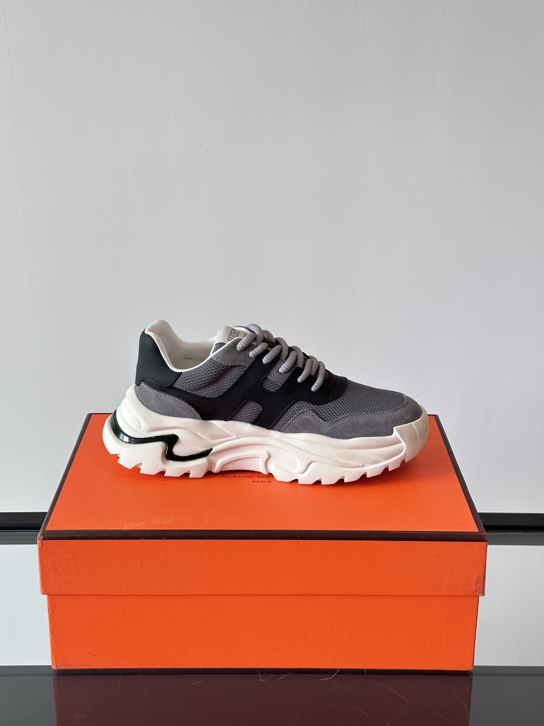 HERHermes Bouncing Sneakers – Grey Mesh & Suede with Black Leather Accents Chunky Sole Unisex Shoes