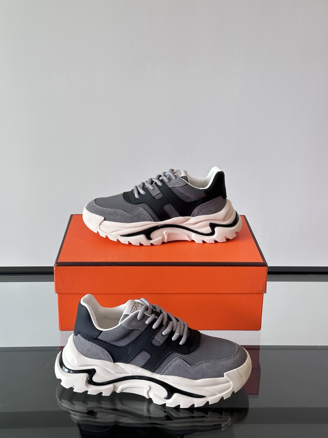HERHermes Bouncing Sneakers – Grey Mesh & Suede with Black Leather Accents Chunky Sole Unisex Shoes