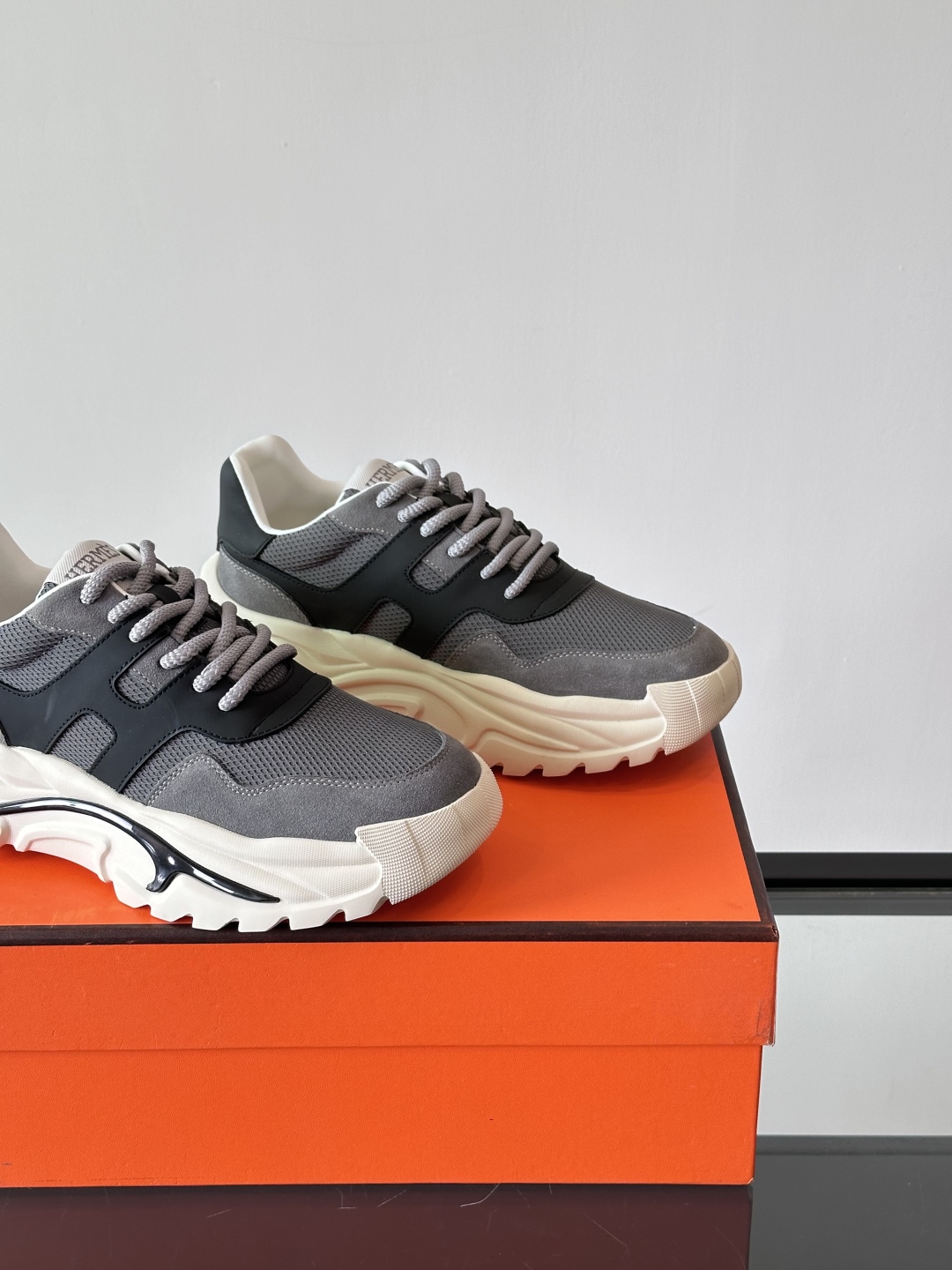 HERHermes Bouncing Sneakers – Grey Mesh & Suede with Black Leather Accents Chunky Sole Unisex Shoes