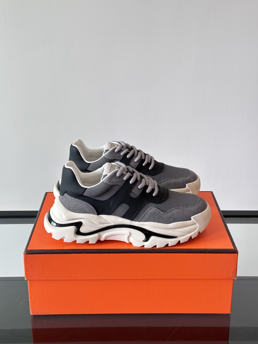 HERHermes Bouncing Sneakers – Grey Mesh & Suede with Black Leather Accents Chunky Sole Unisex Shoes