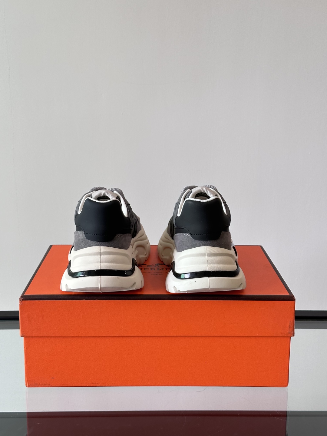 HERHermes Bouncing Sneakers – Grey Mesh & Suede with Black Leather Accents Chunky Sole Unisex Shoes