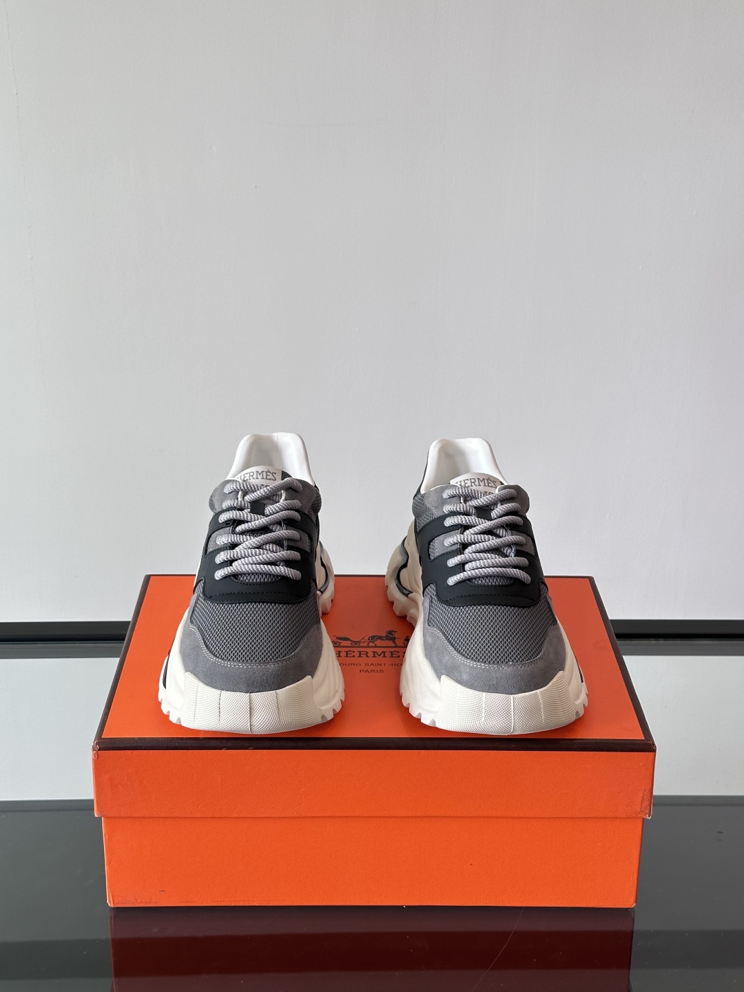 HERHermes Bouncing Sneakers – Grey Mesh & Suede with Black Leather Accents Chunky Sole Unisex Shoes