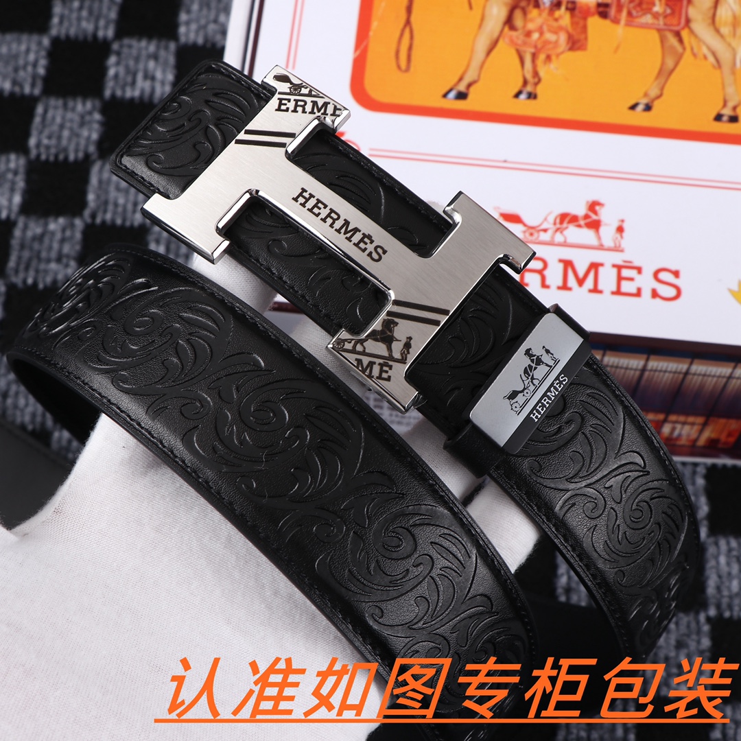 Hermès “H” Signature Engraved Leather Belt with Palladium Buckle – Black