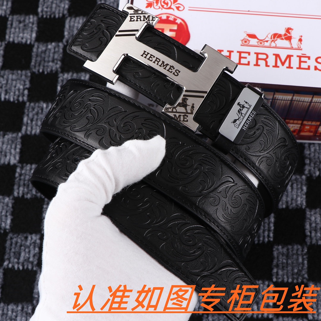 Hermès “H” Signature Engraved Leather Belt with Palladium Buckle – Black