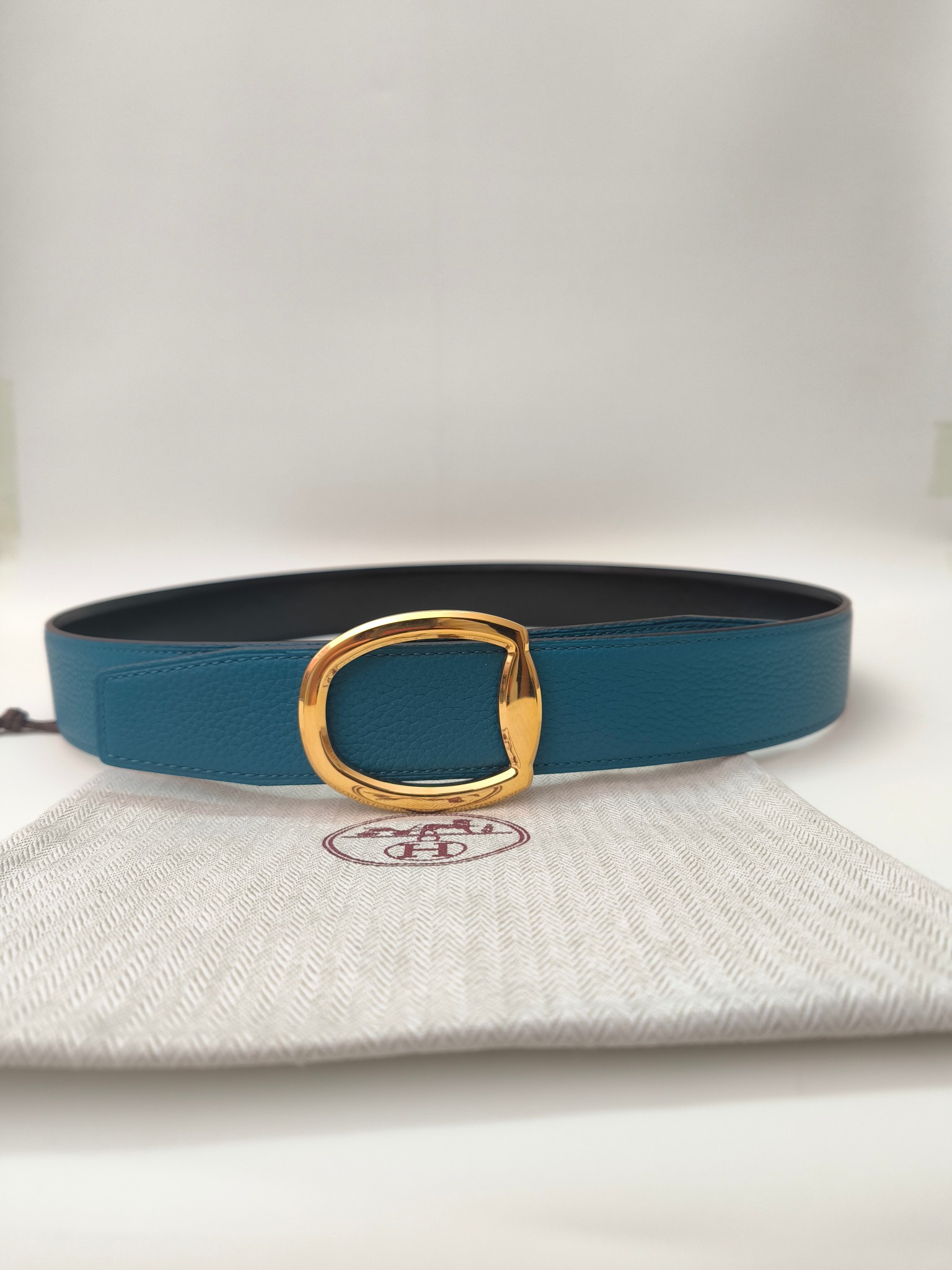 HermÃ¨s Belt Blue Calfskin Leather with Gold-Tone Oval Buckle