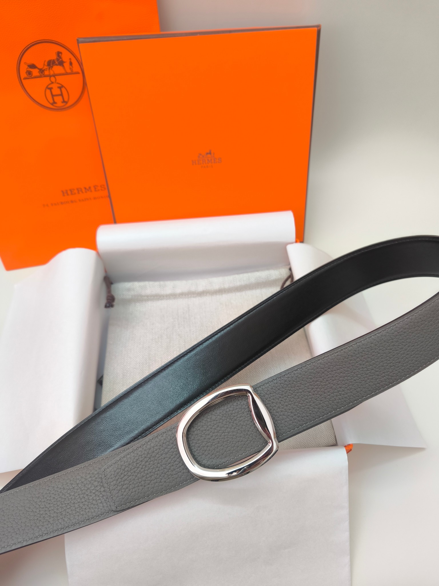 HermÃ¨s Belt Grey Calfskin Leather with Silver-Tone Oval Buckle