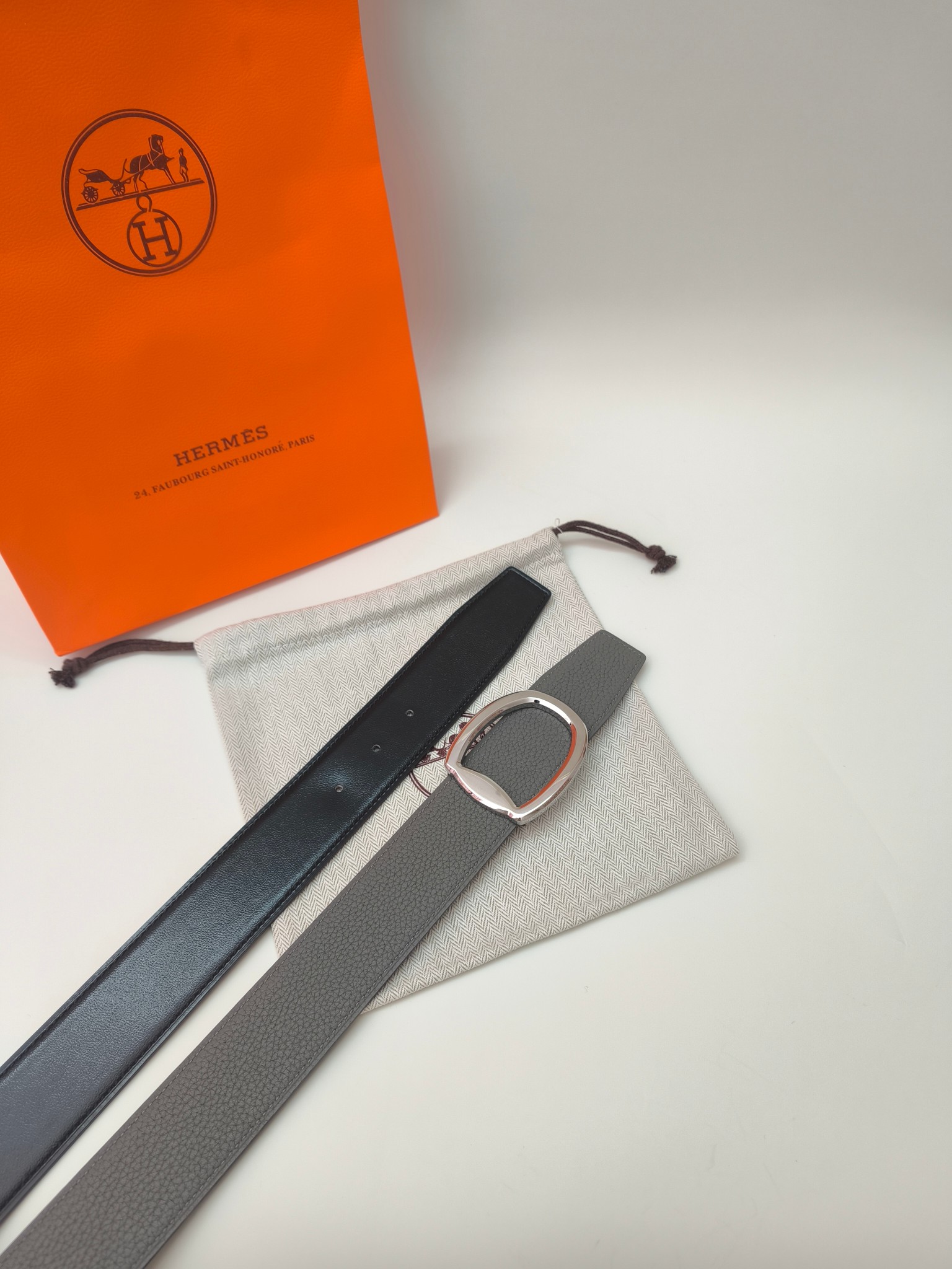 HermÃ¨s Belt Grey Calfskin Leather with Silver-Tone Oval Buckle