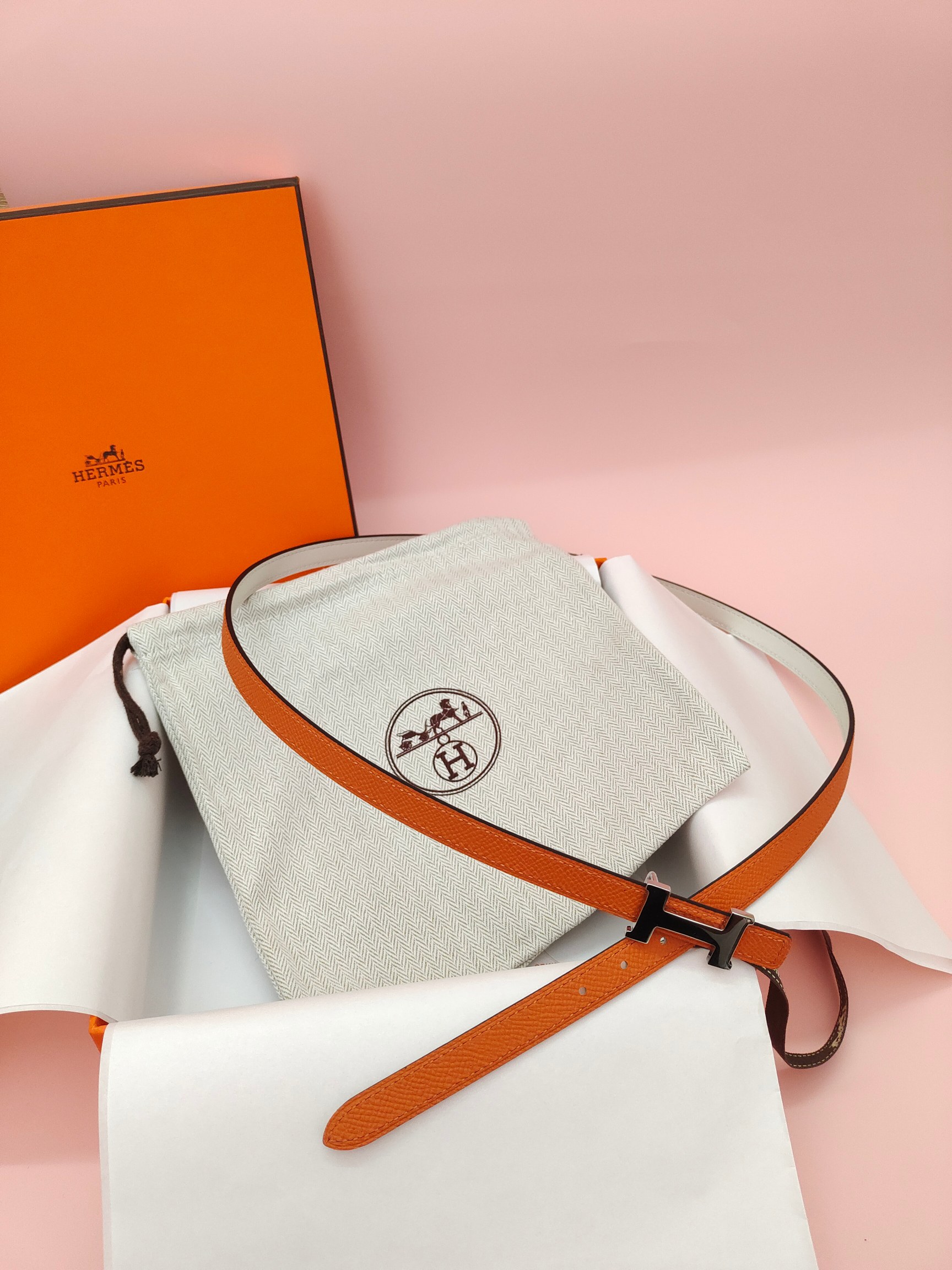 HermÃ¨s Belt Orange Epsom Calfskin with Silver H Buckle