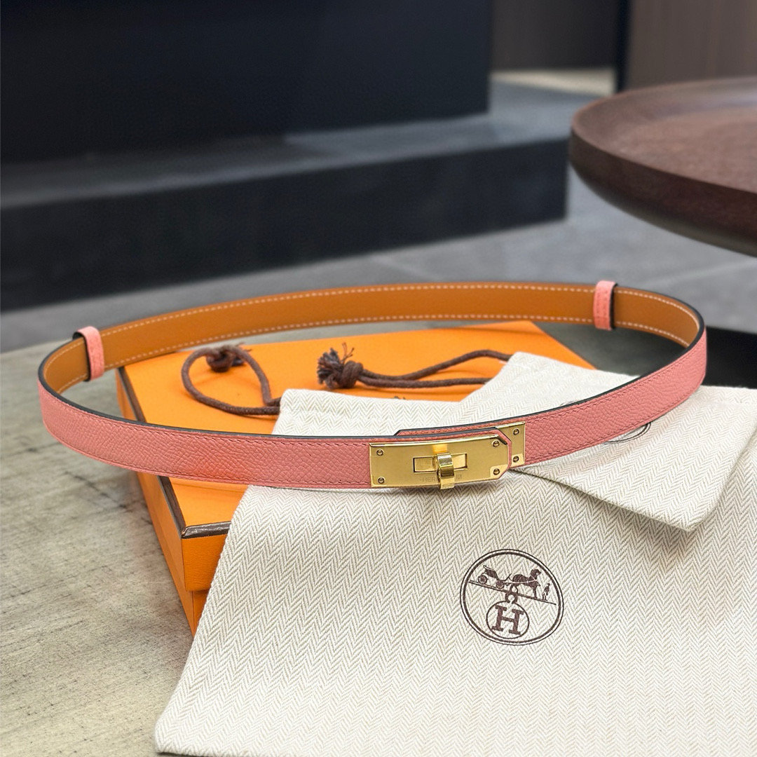 HermÃ¨s-Branded Pink Leather Belt with Gold Turn-Lock Buckle