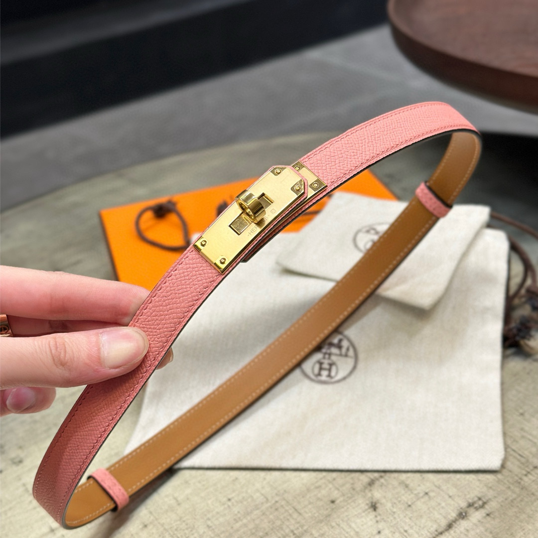 HermÃ¨s-Branded Pink Leather Belt with Gold Turn-Lock Buckle