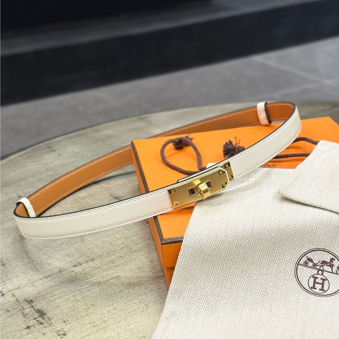 HermÃ¨s-Branded White Leather Belt with Gold-Tone Turn-Lock Buckle