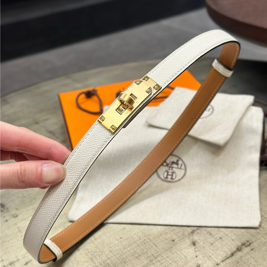 HermÃ¨s-Branded White Leather Belt with Gold-Tone Turn-Lock Buckle