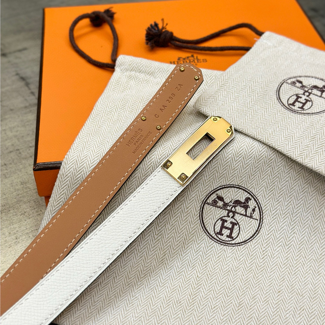 HermÃ¨s-Branded White Leather Belt with Gold-Tone Turn-Lock Buckle
