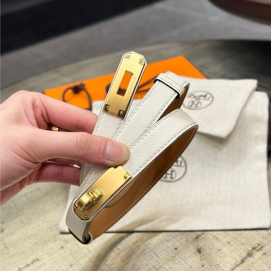 HermÃ¨s-Branded White Leather Belt with Gold-Tone Turn-Lock Buckle