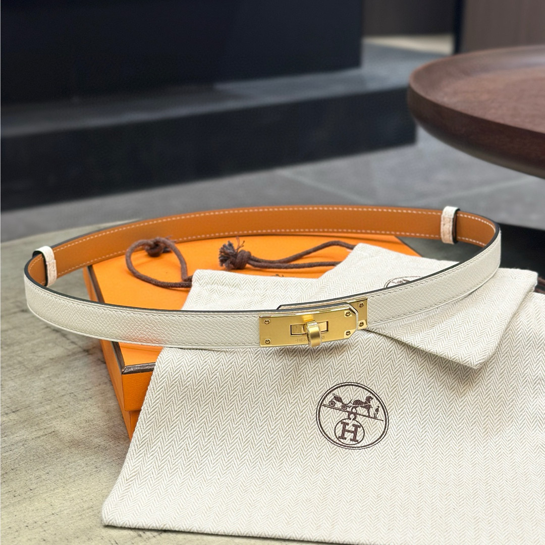 HermÃ¨s-Branded White Leather Belt with Gold-Tone Turn-Lock Buckle