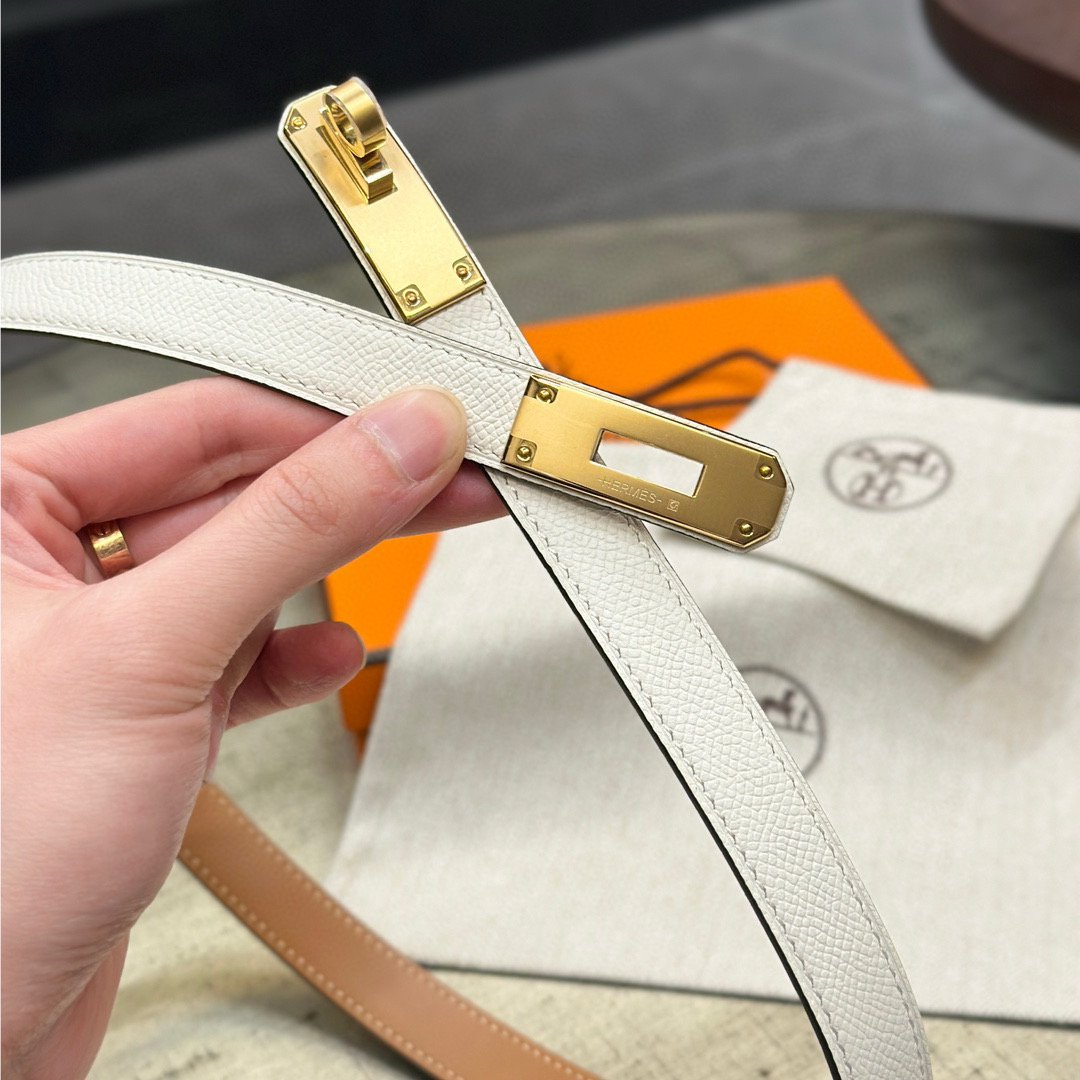 HermÃ¨s-Branded White Leather Belt with Gold-Tone Turn-Lock Buckle