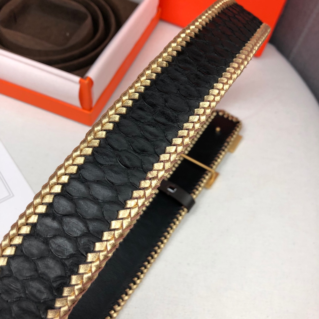 Hermès Constance Belt 32mm in Black Lizard-Embossed Leather with Gold Braided Edge and Gold “H” Buckle