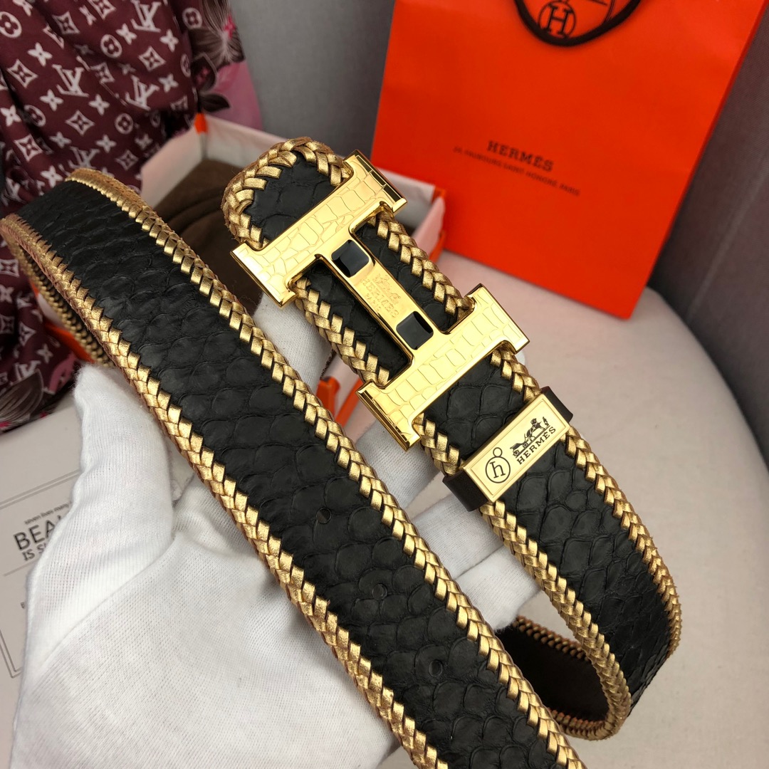 Hermès Constance Belt 32mm in Black Lizard-Embossed Leather with Gold Braided Edge and Gold “H” Buckle
