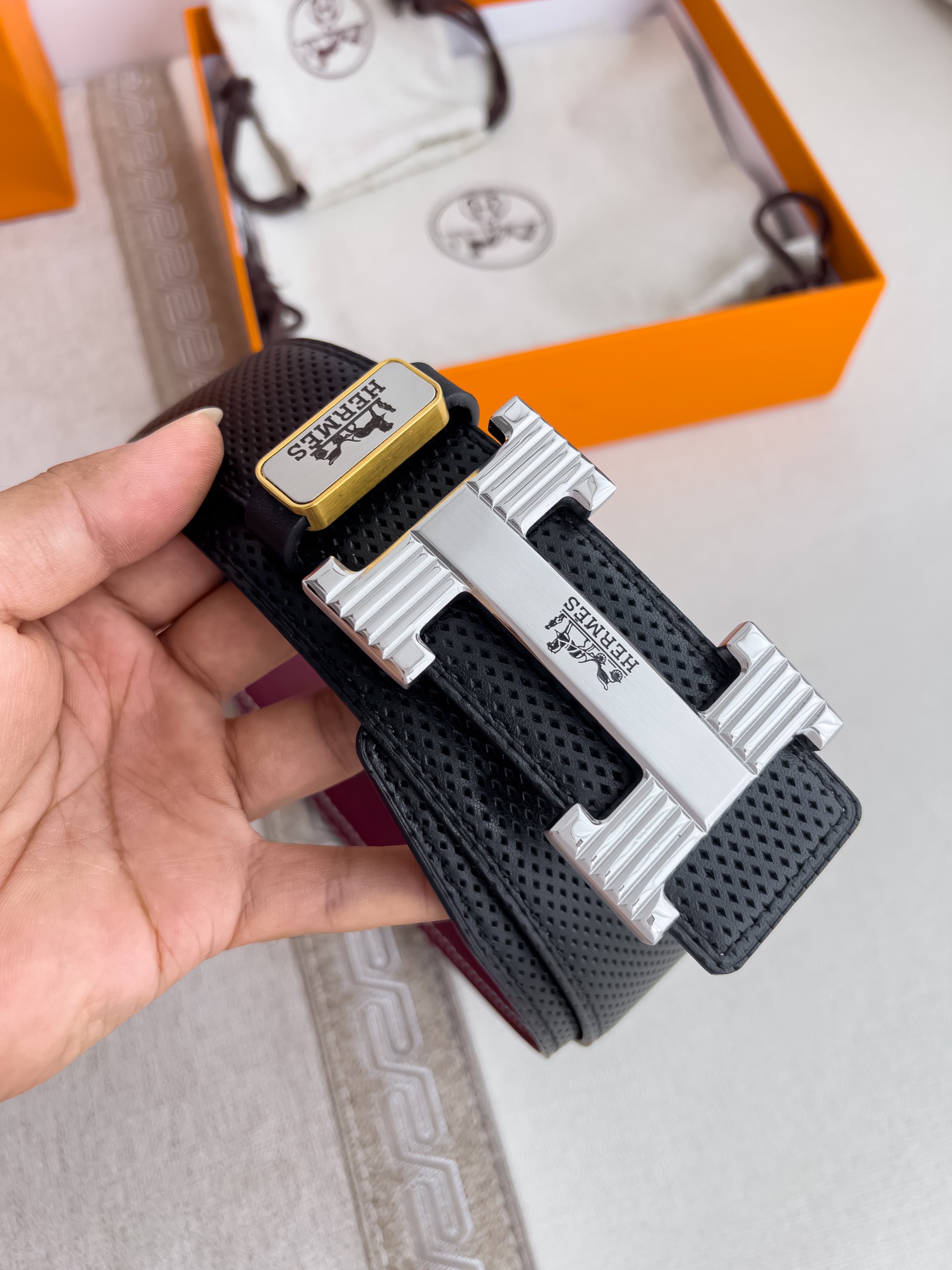 Hermès Constance Belt 32mm in Black Perforated Calfskin with Palladium “H” Buckle