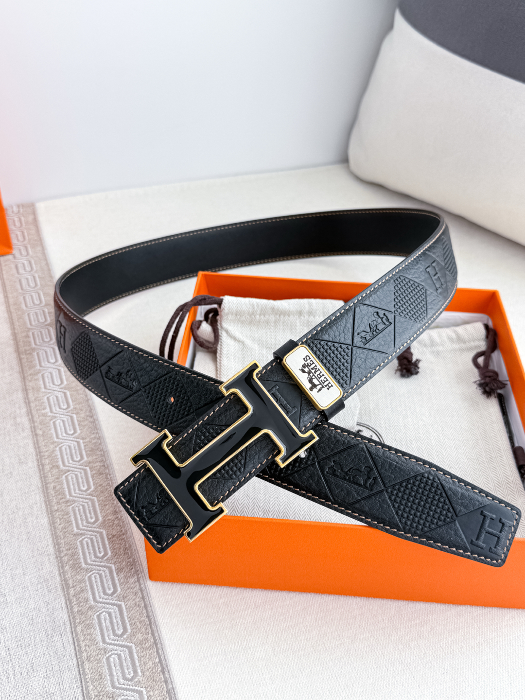 Hermès Constance Black Embossed Calfskin Leather Belt with Gold “H” Buckle (38mm)