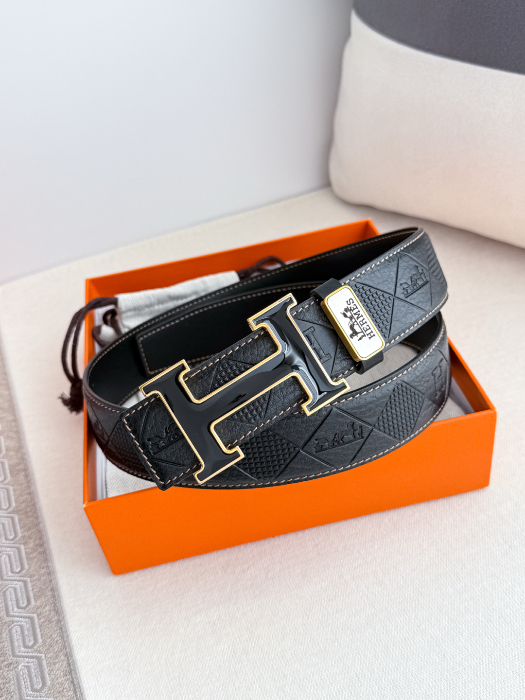 Hermès Constance Black Embossed Calfskin Leather Belt with Gold “H” Buckle (38mm)