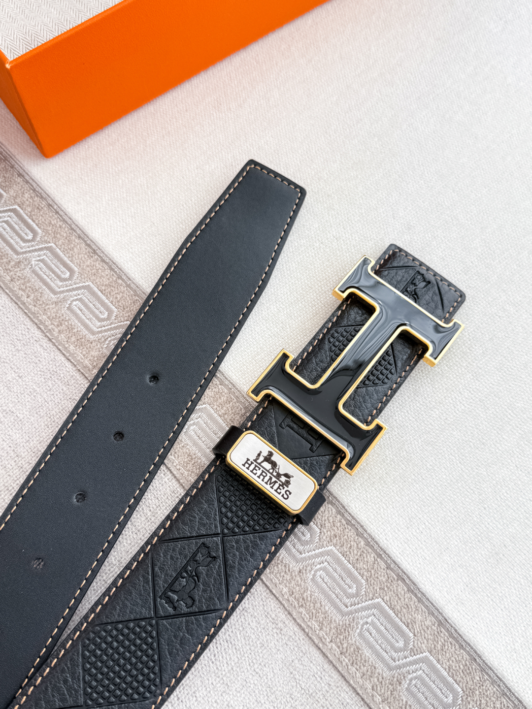 Hermès Constance Black Embossed Calfskin Leather Belt with Gold “H” Buckle (38mm)