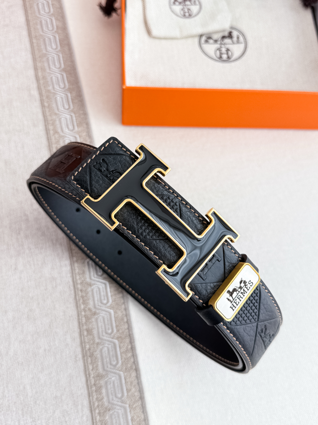 Hermès Constance Black Embossed Calfskin Leather Belt with Gold “H” Buckle (38mm)