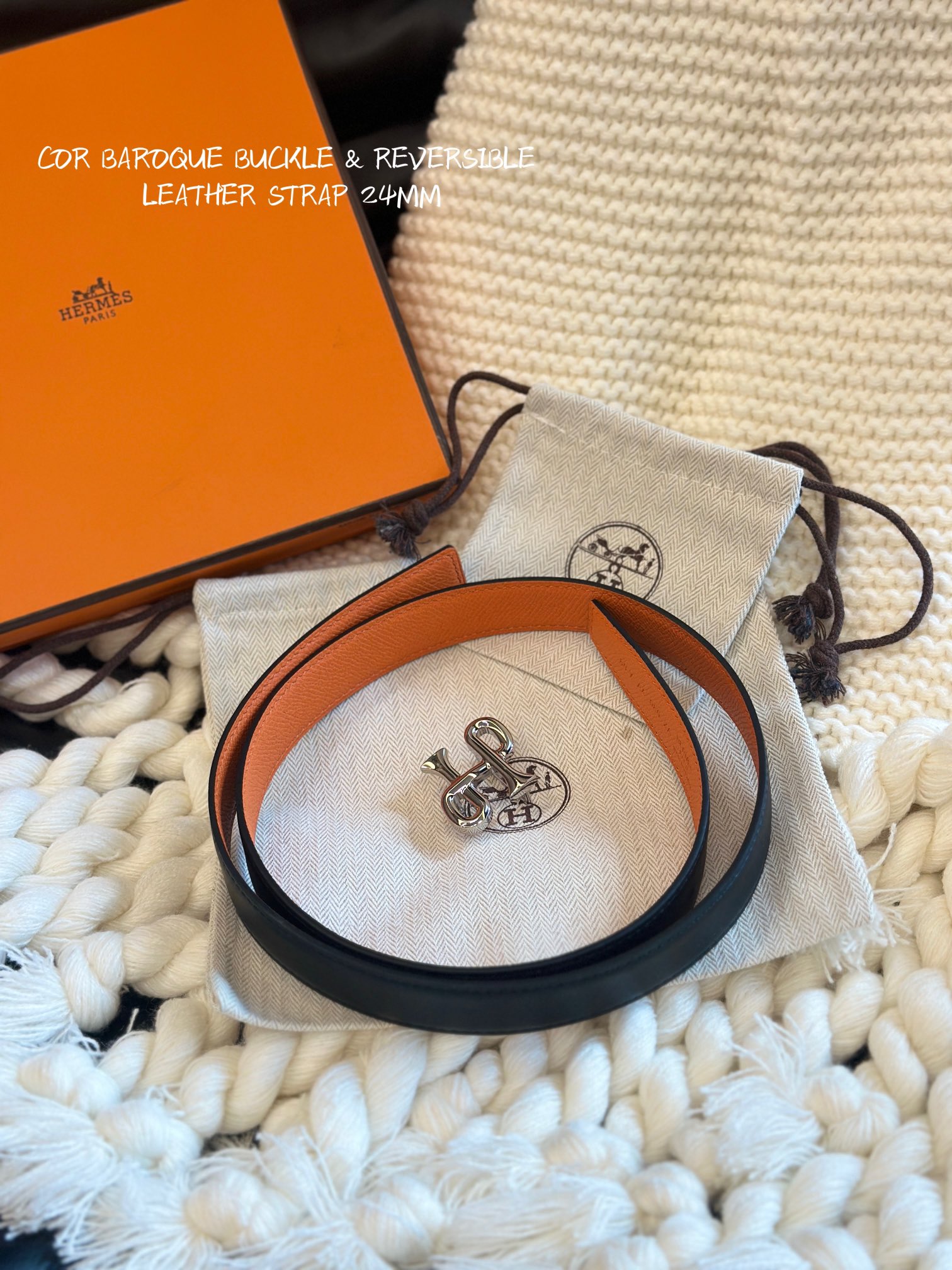 HermÃ¨s Cor Baroque Belt Black & Orange Epsom Calfskin with Silver Buckle