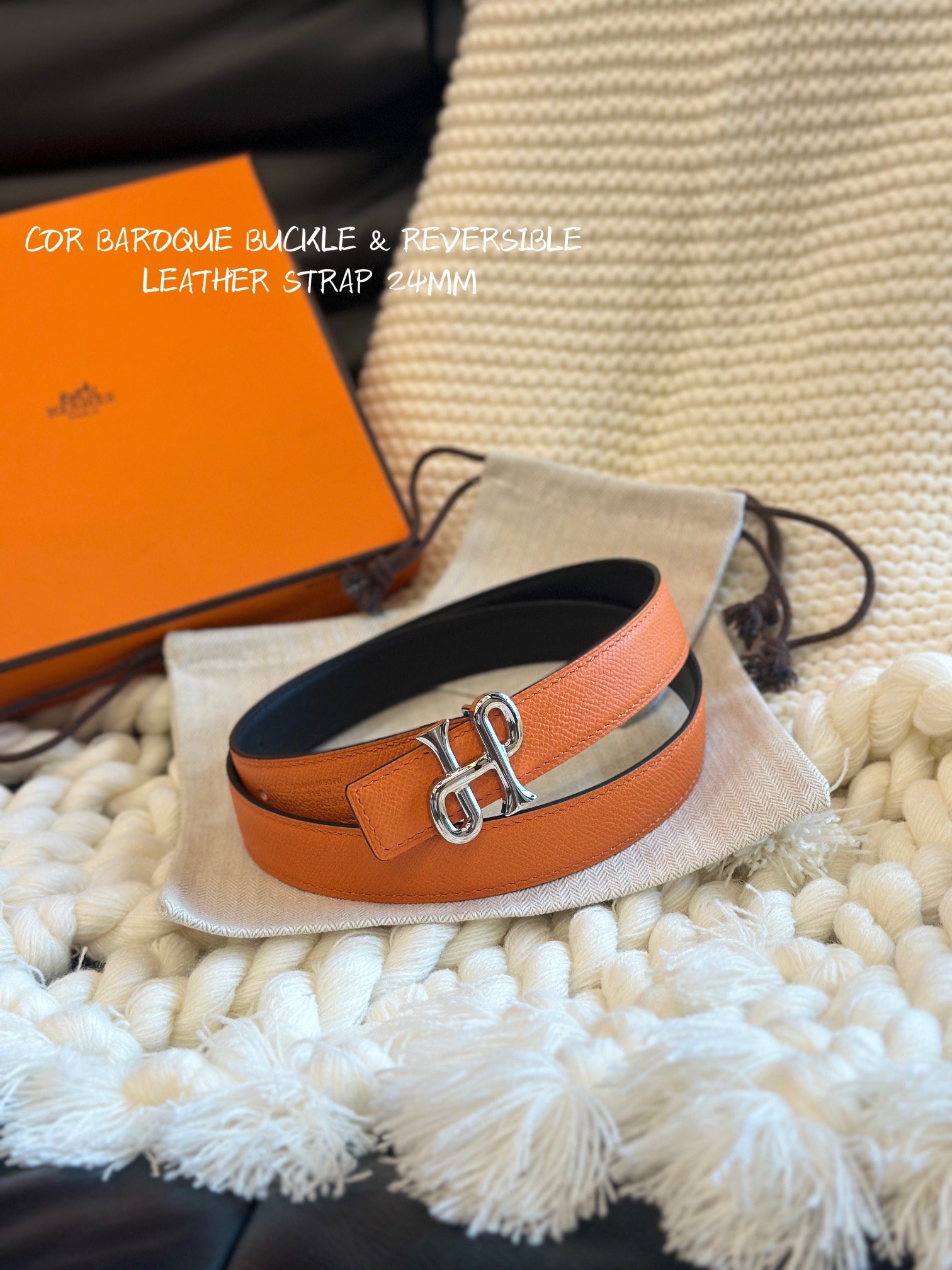 HermÃ¨s Cor Baroque Belt Black & Orange Epsom Calfskin with Silver Buckle
