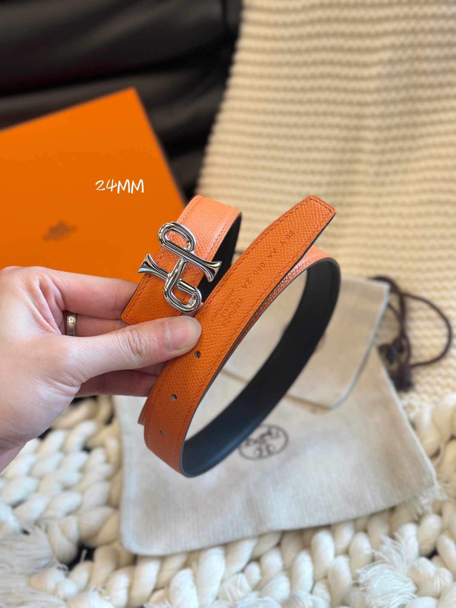 HermÃ¨s Cor Baroque Belt Black & Orange Epsom Calfskin with Silver Buckle