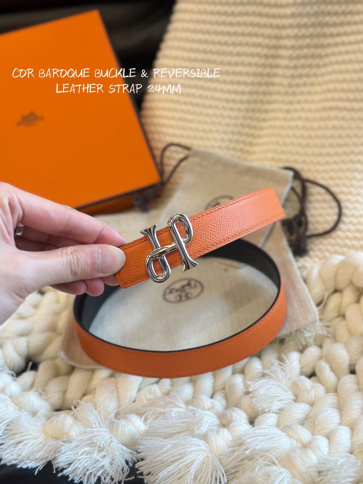 HermÃ¨s Cor Baroque Belt Black & Orange Epsom Calfskin with Silver Buckle