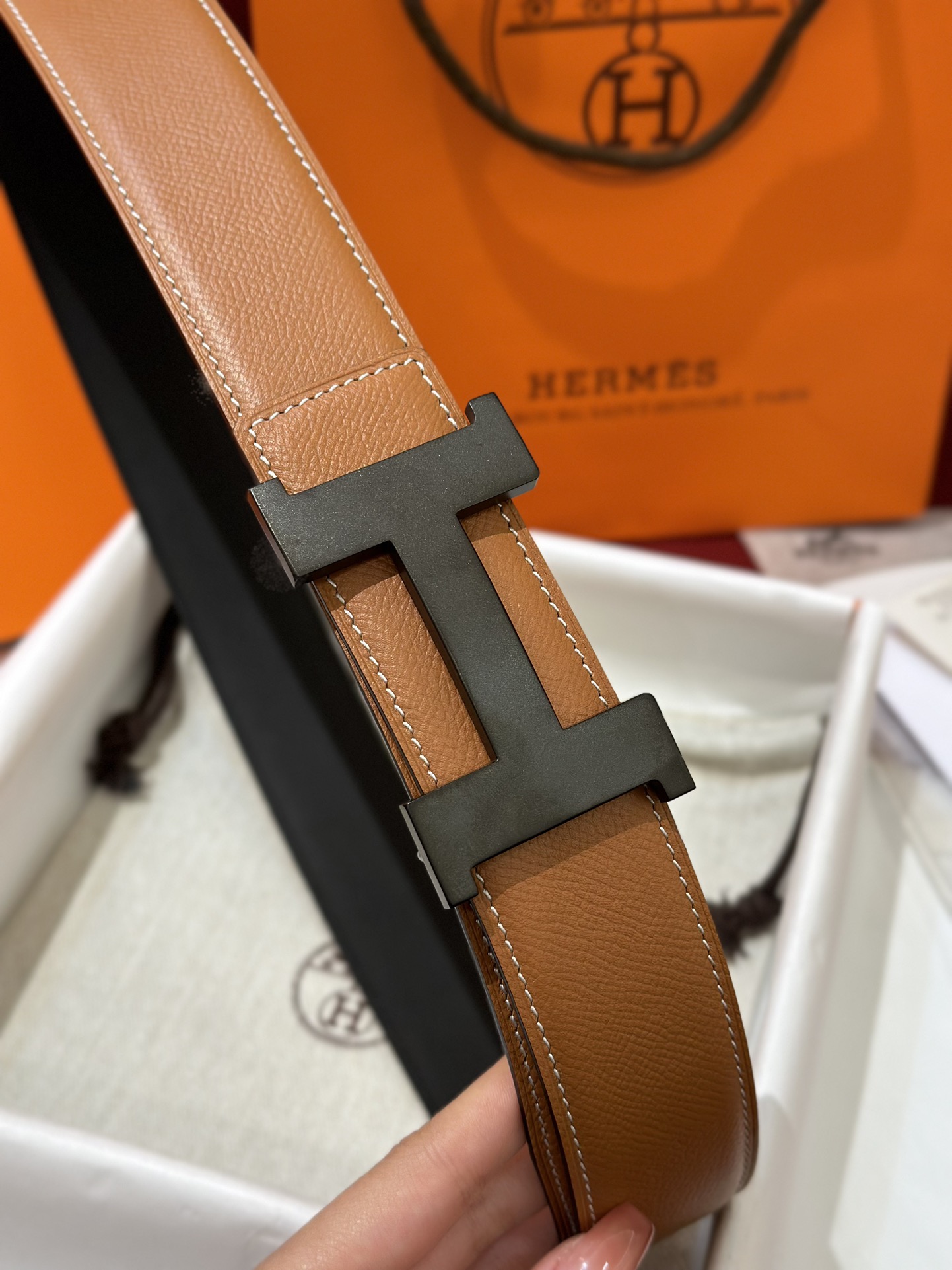 HermÃ¨s Gold Brown Calf Leather Belt with Matte Black H Buckle