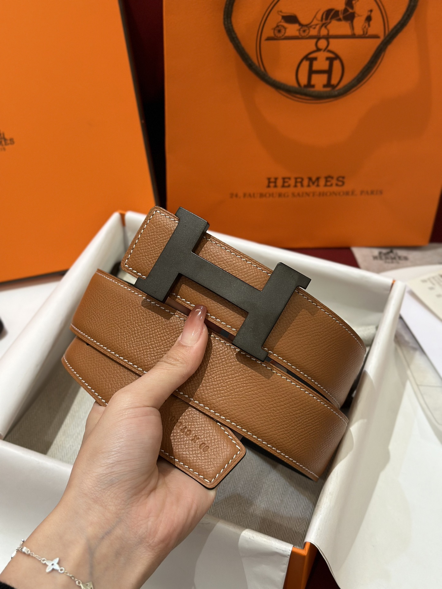 HermÃ¨s Gold Brown Calf Leather Belt with Matte Black H Buckle