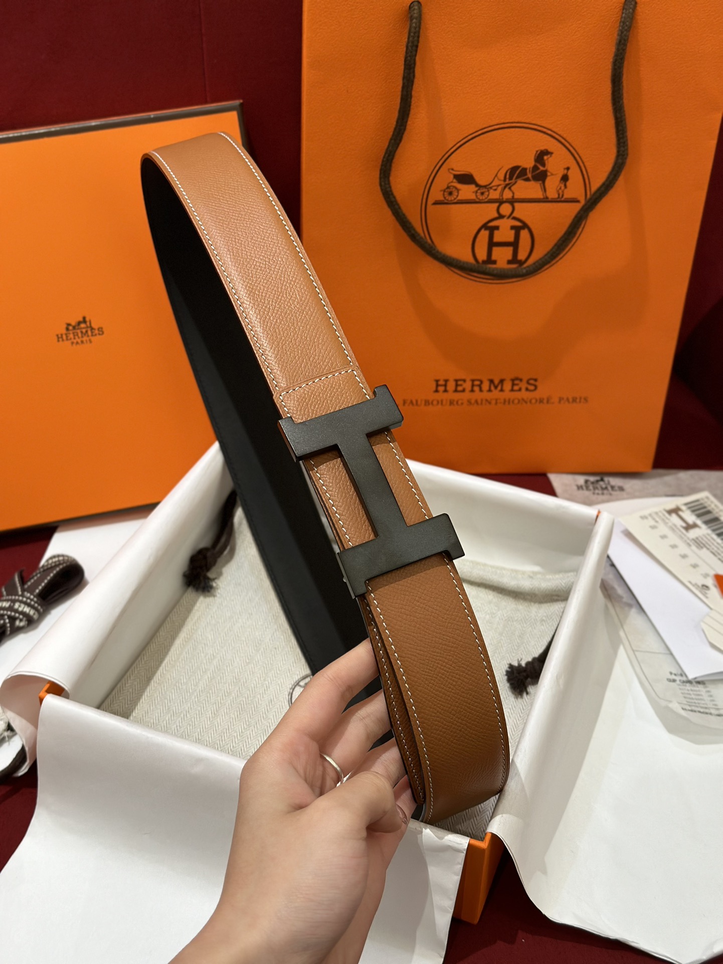 HermÃ¨s Gold Brown Calf Leather Belt with Matte Black H Buckle