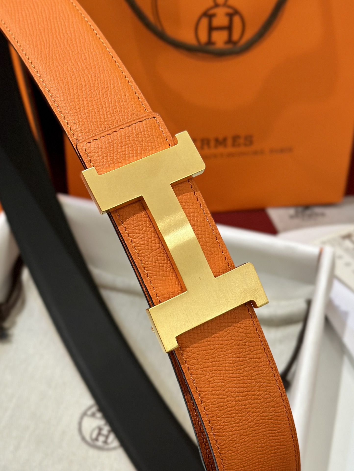 HermÃ¨s Gold Buckle Belt in Orange Togo Calf Leather