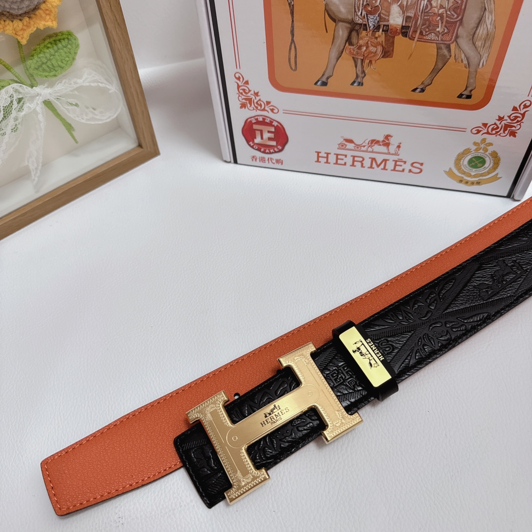 Hermès H Belt – Black Leather with Reversible Orange and Red Straps & Gold/Silver-Tone H Buckles