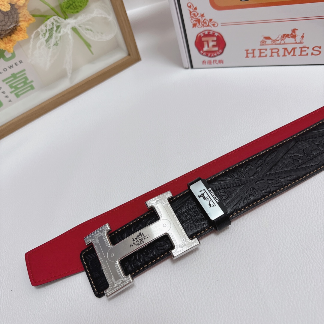 Hermès H Belt – Black Leather with Reversible Orange and Red Straps & Gold/Silver-Tone H Buckles
