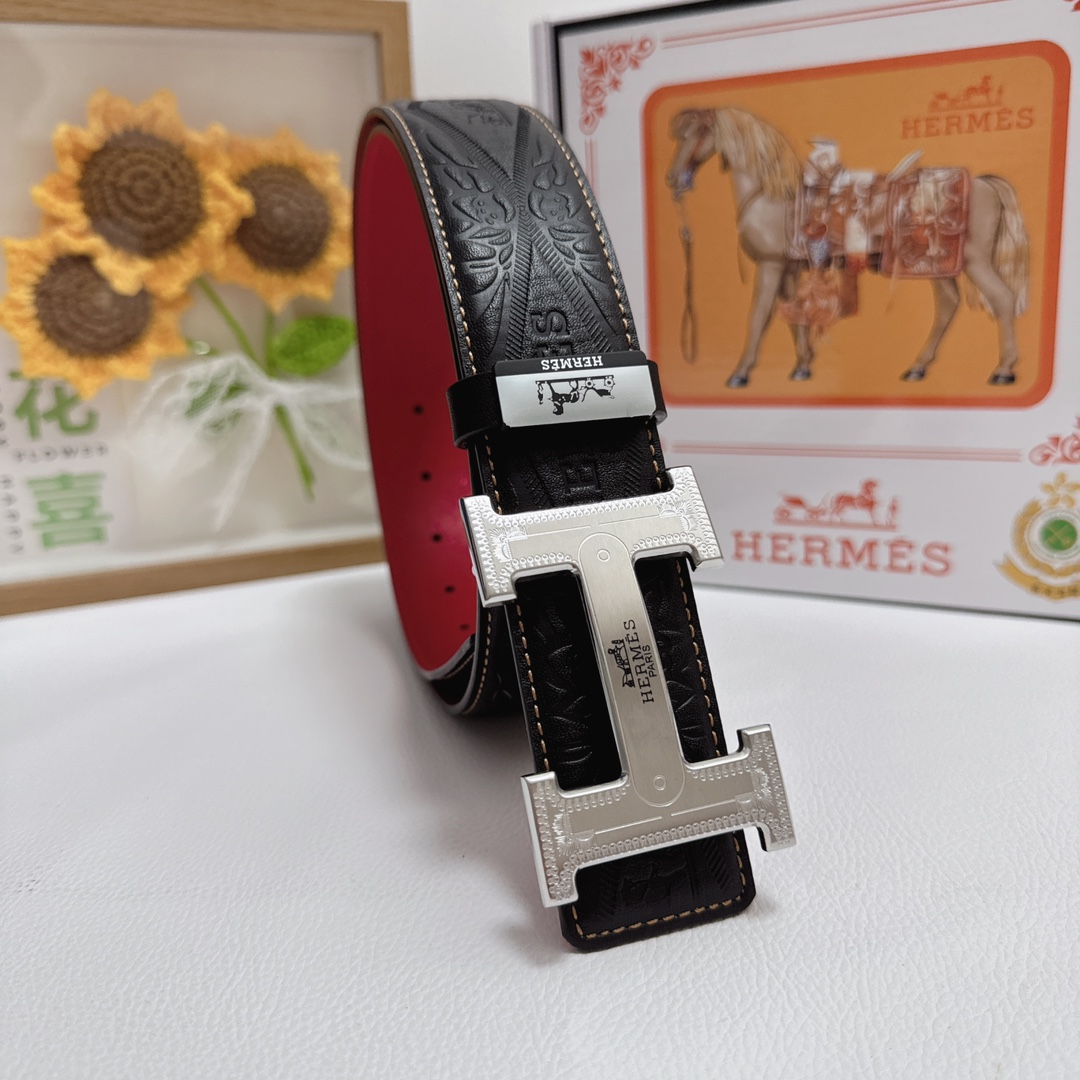 Hermès H Belt – Black Leather with Reversible Orange and Red Straps & Gold/Silver-Tone H Buckles