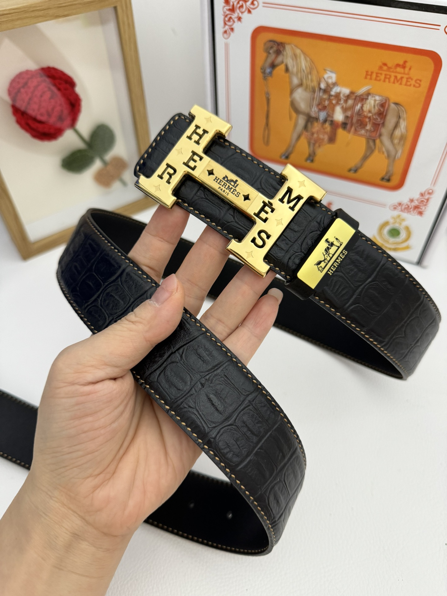 Hermès H Belt 32mm in Black Crocodile-Embossed Leather with Gold “H” Buckle