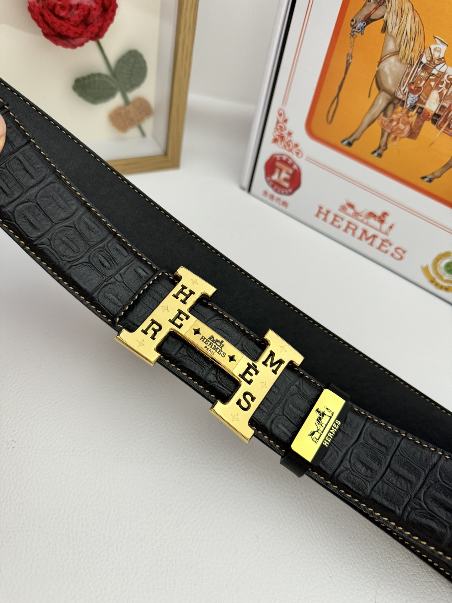 Hermès H Belt 32mm in Black Crocodile-Embossed Leather with Gold “H” Buckle