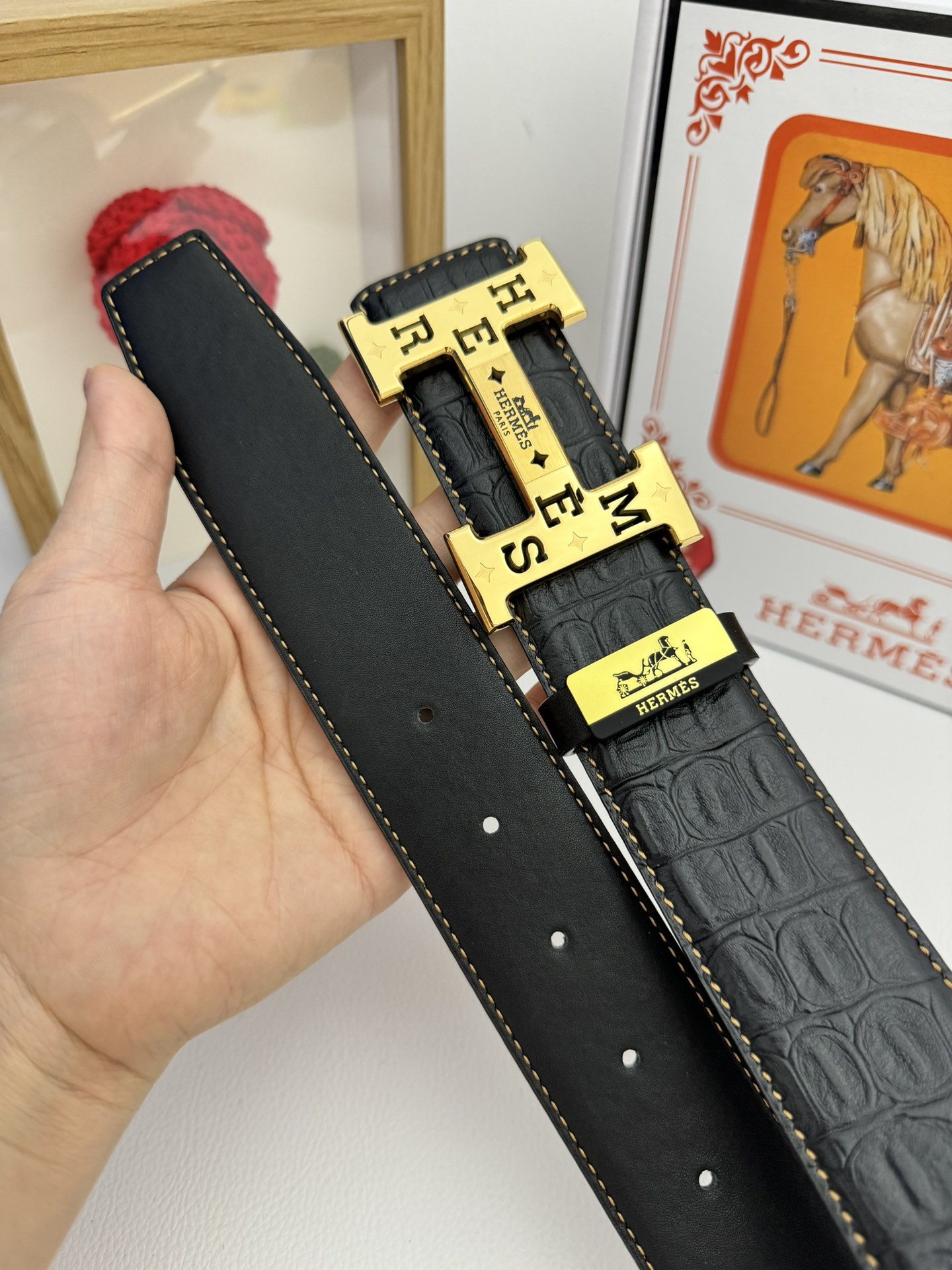 Hermès H Belt 32mm in Black Crocodile-Embossed Leather with Gold “H” Buckle