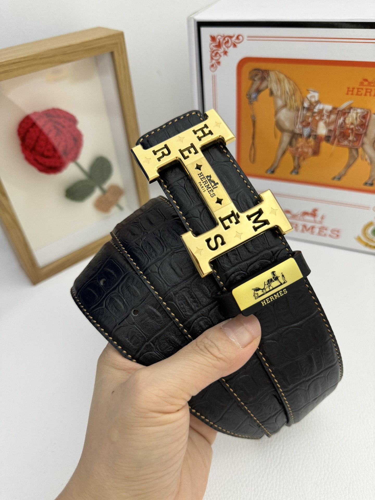 Hermès H Belt 32mm in Black Crocodile-Embossed Leather with Gold “H” Buckle