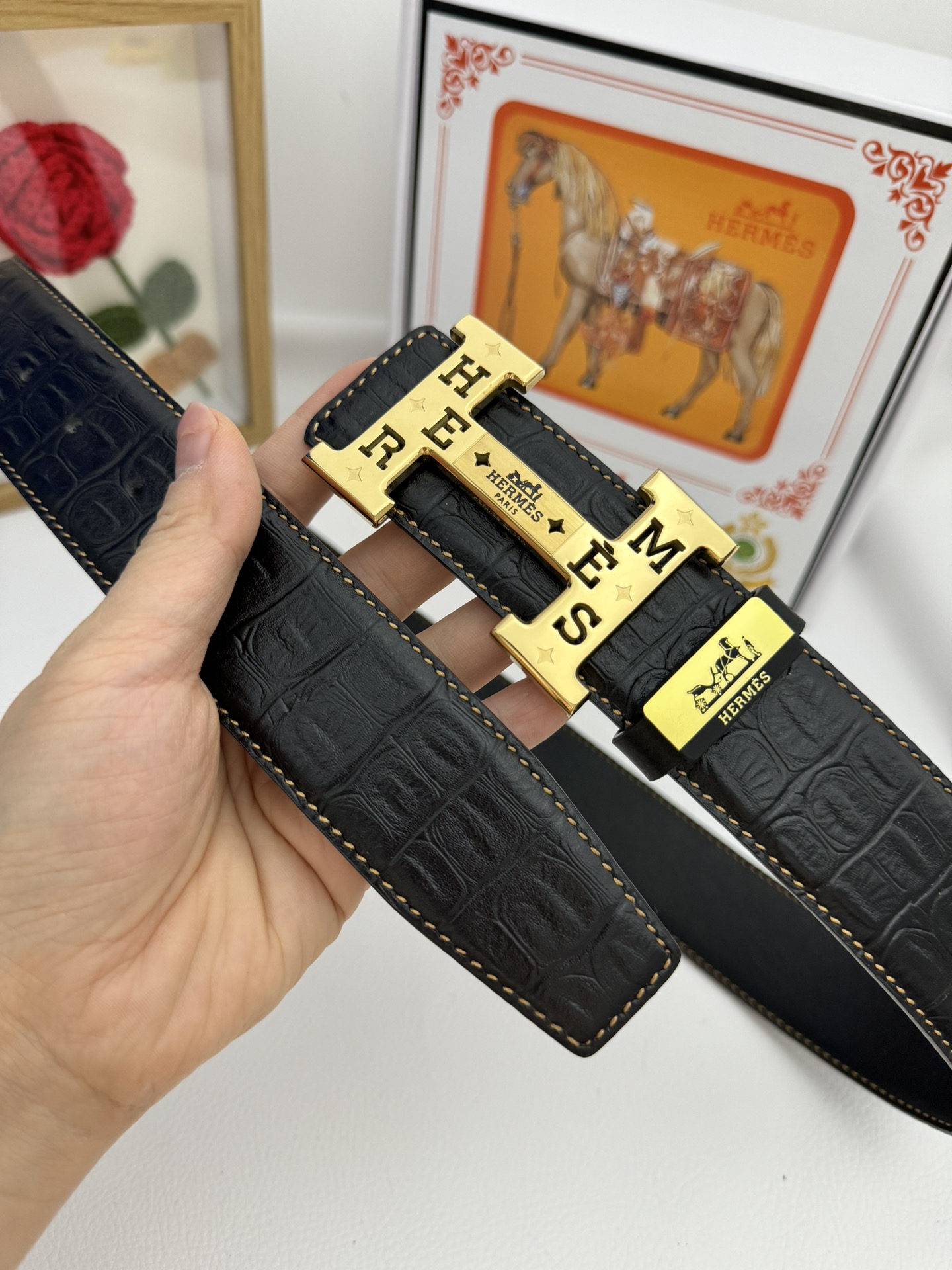 Hermès H Belt 32mm in Black Crocodile-Embossed Leather with Gold “H” Buckle