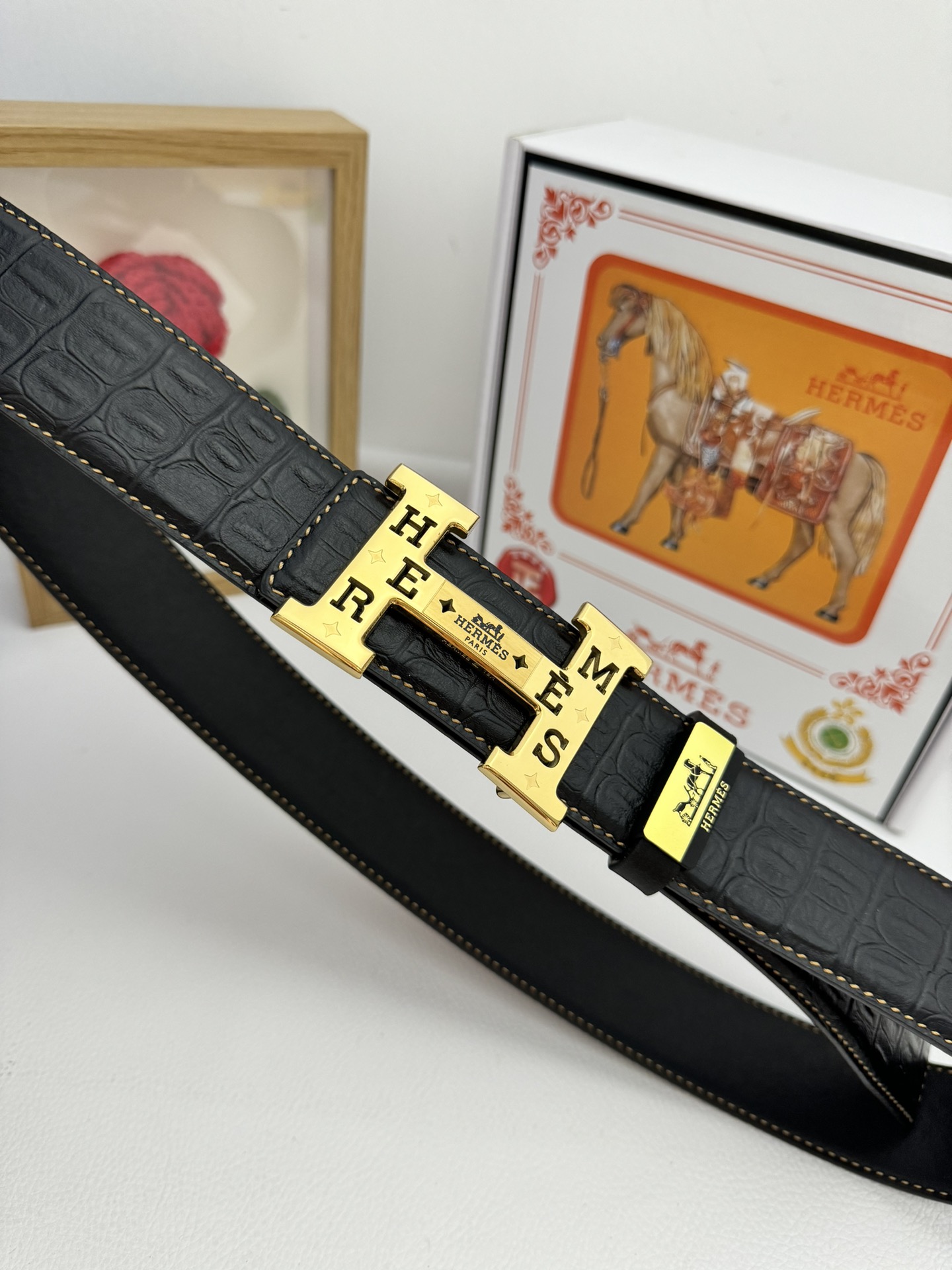 Hermès H Belt 32mm in Black Crocodile-Embossed Leather with Gold “H” Buckle