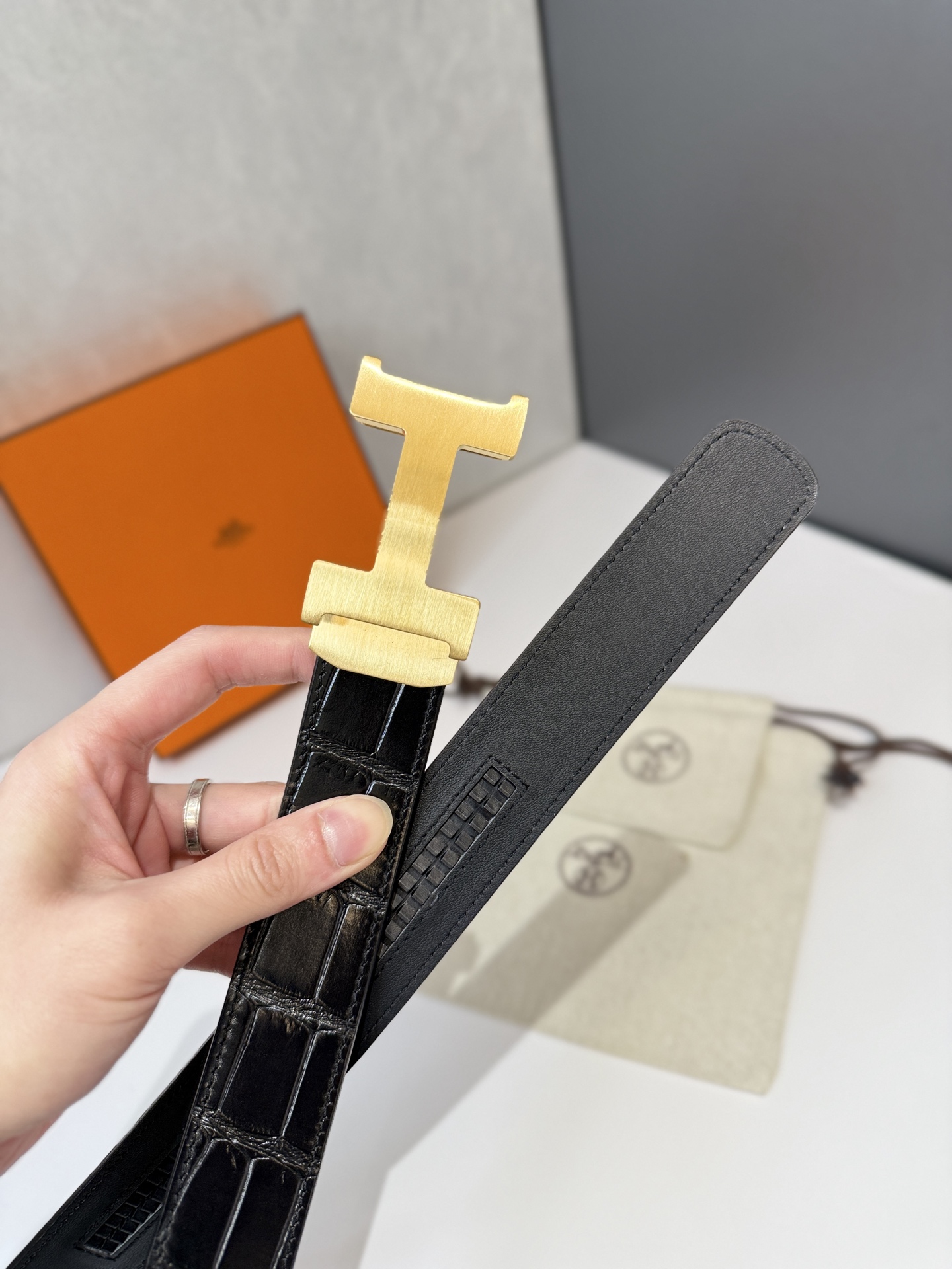 Hermès H Belt in Black Crocodile-Embossed Leather with Gold “H” Buckle