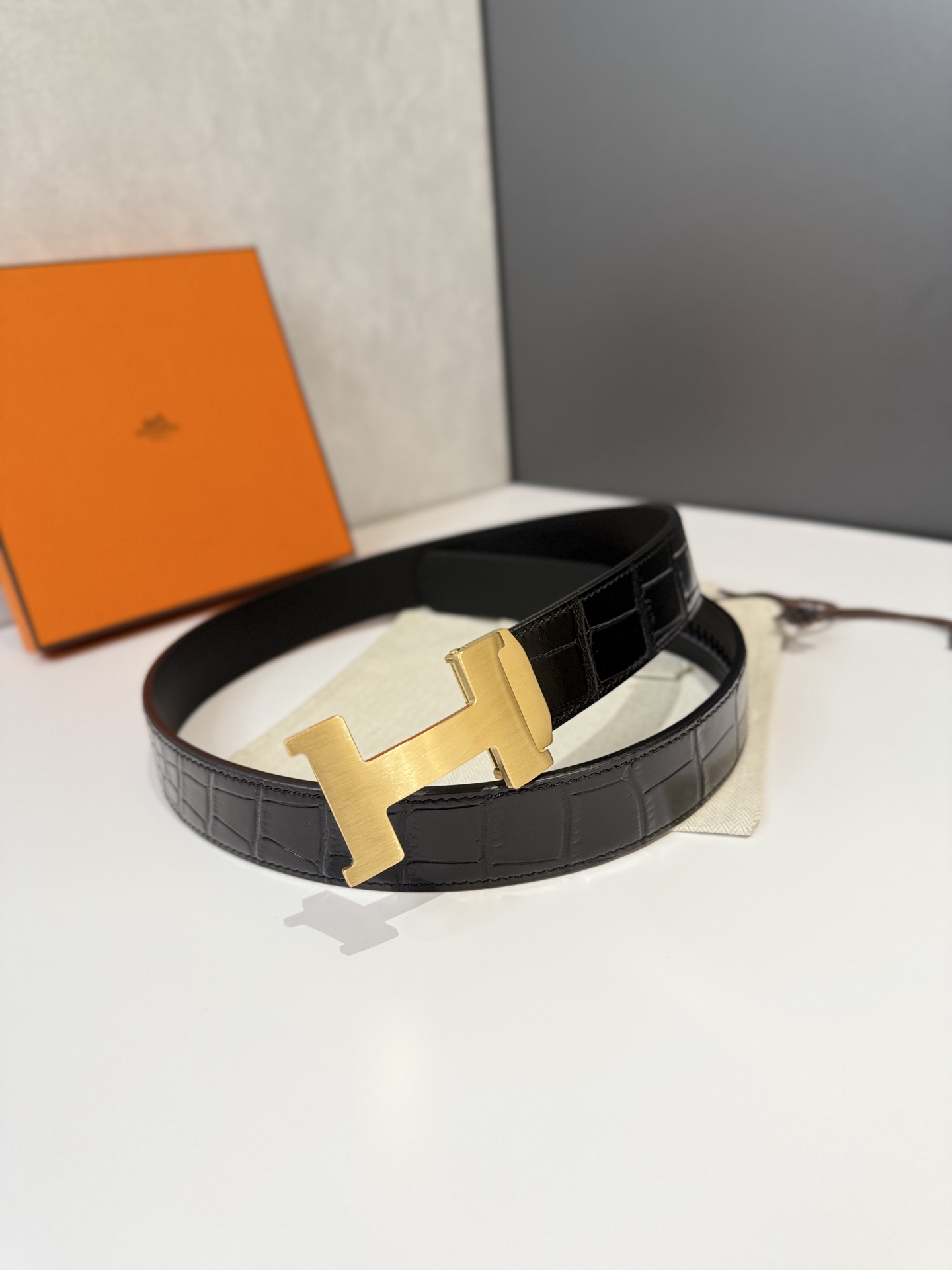 Hermès H Belt in Black Crocodile-Embossed Leather with Gold “H” Buckle