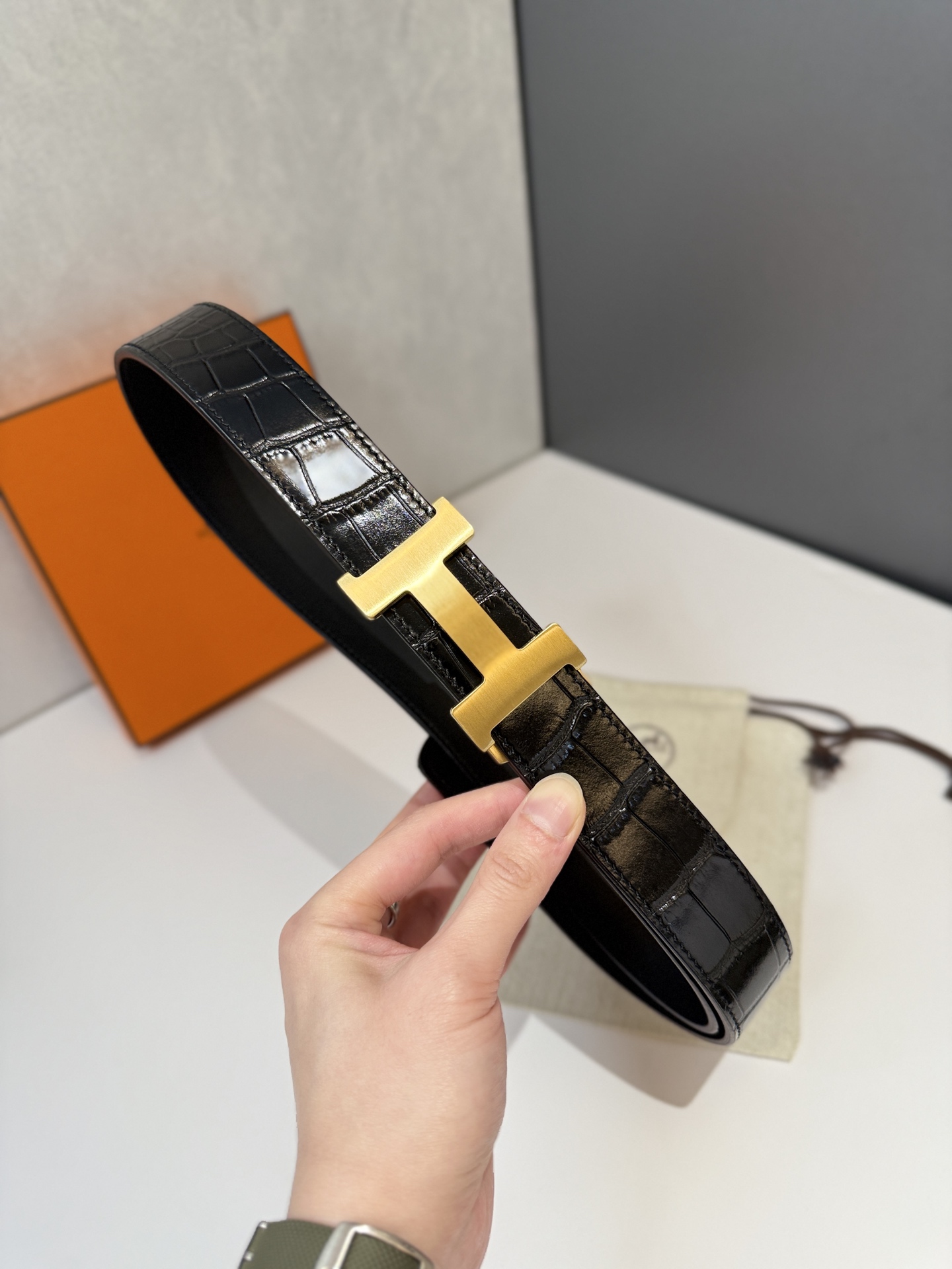Hermès H Belt in Black Crocodile-Embossed Leather with Gold “H” Buckle