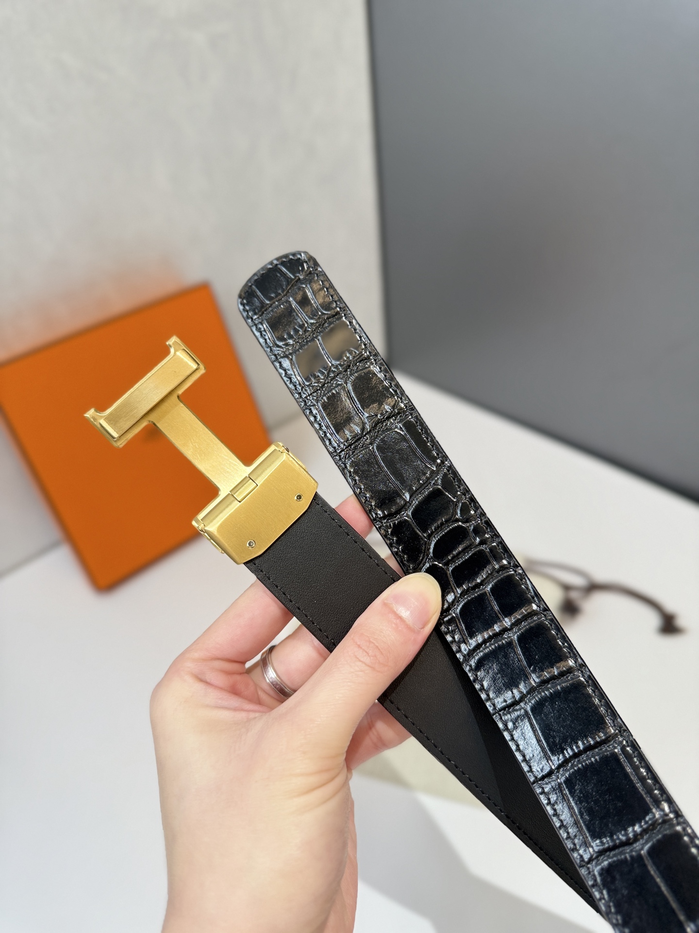 Hermès H Belt in Black Crocodile-Embossed Leather with Gold “H” Buckle