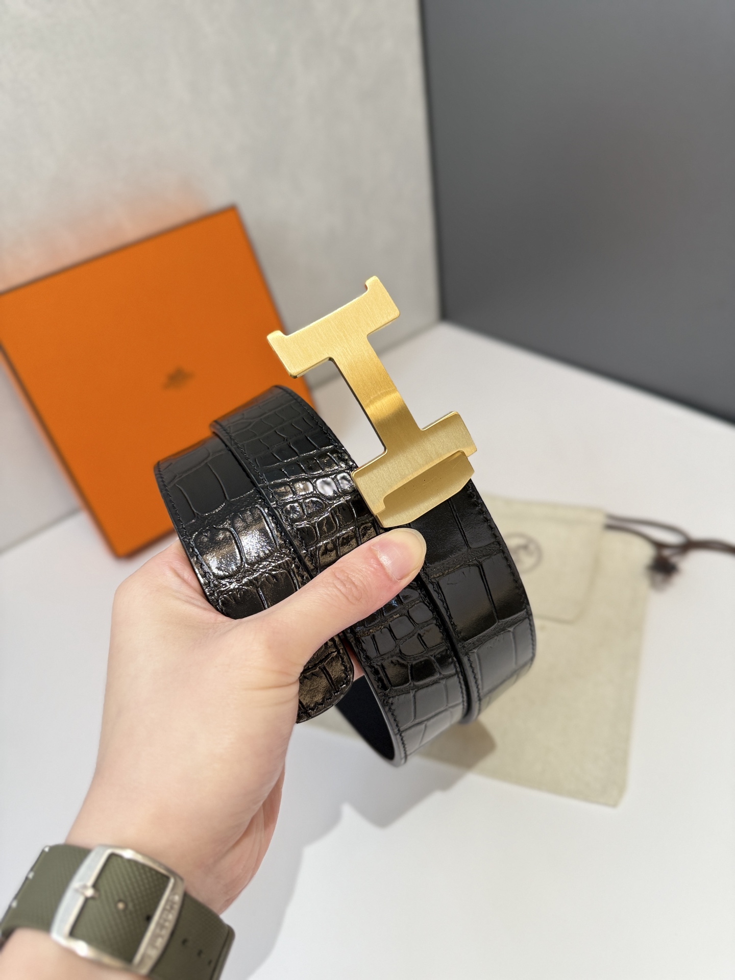 Hermès H Belt in Black Crocodile-Embossed Leather with Gold “H” Buckle