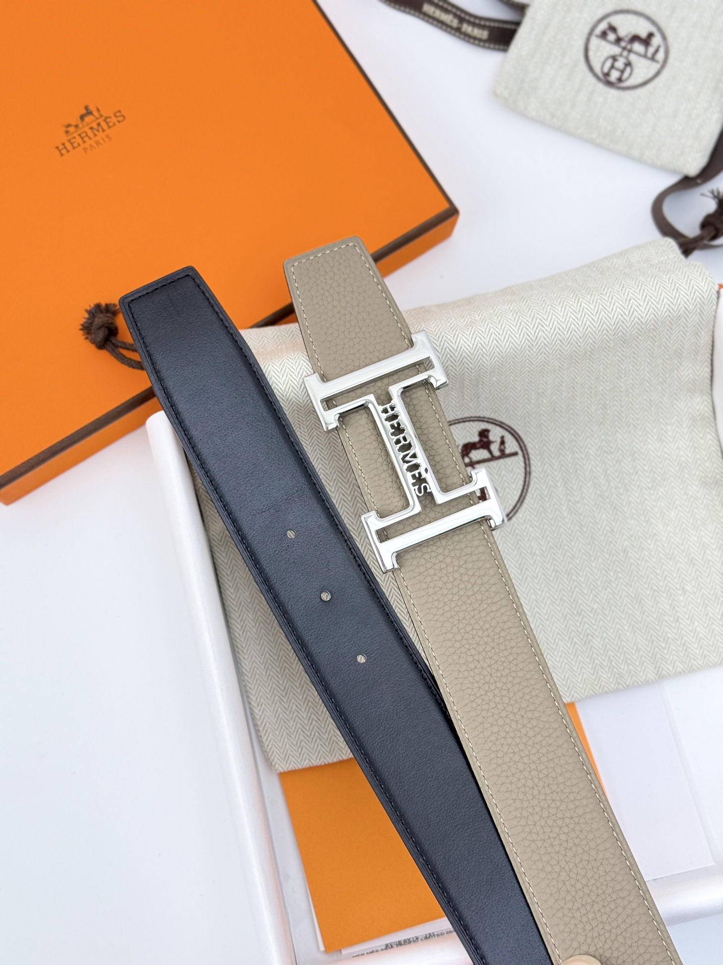 HermÃ¨s H Belt in Taupe Leather with Palladium-Plated Buckle